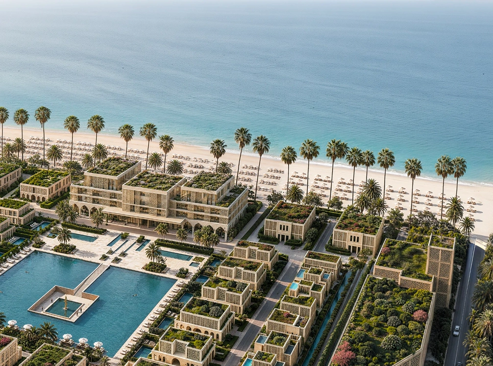 Aerial view of the private beach at Mira Ocean Estates: sun loungers and palms along the sand, the residences behind them