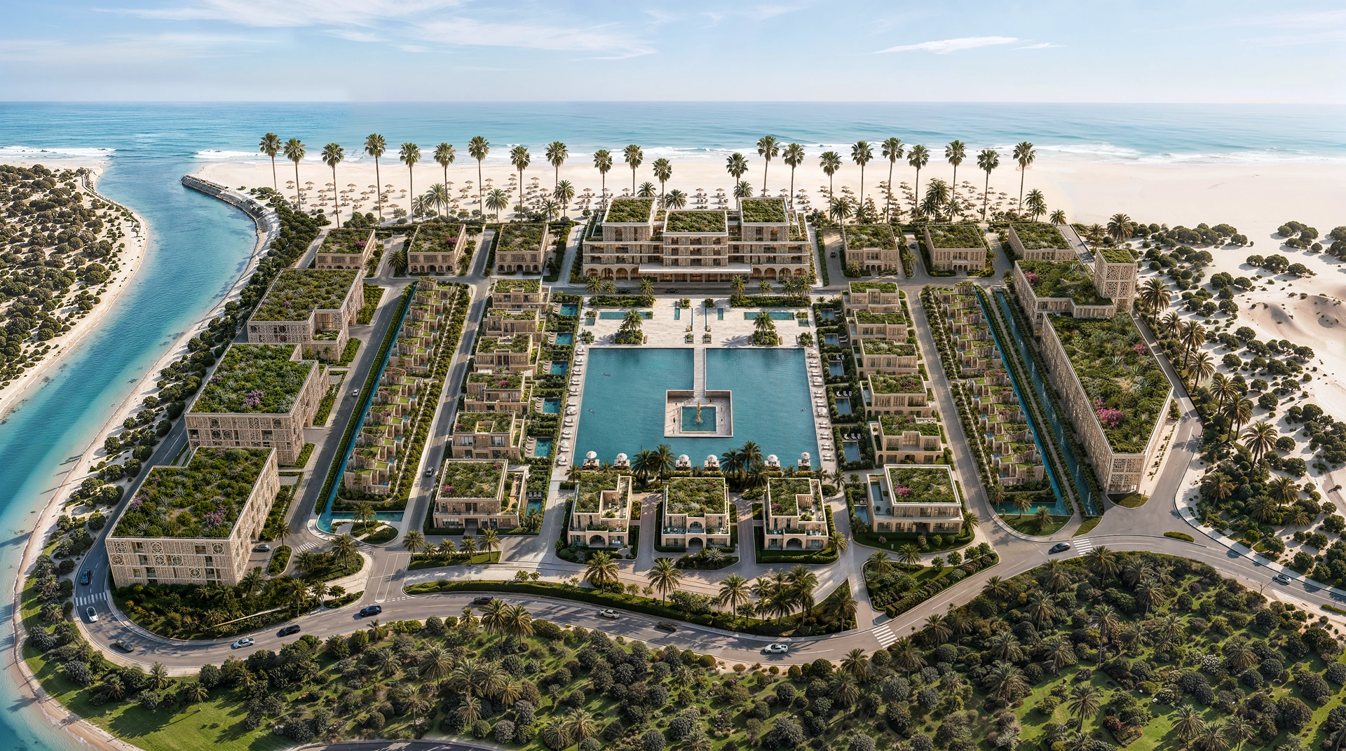 Aerial view of the central swimming pool at Mira Ocean Estates