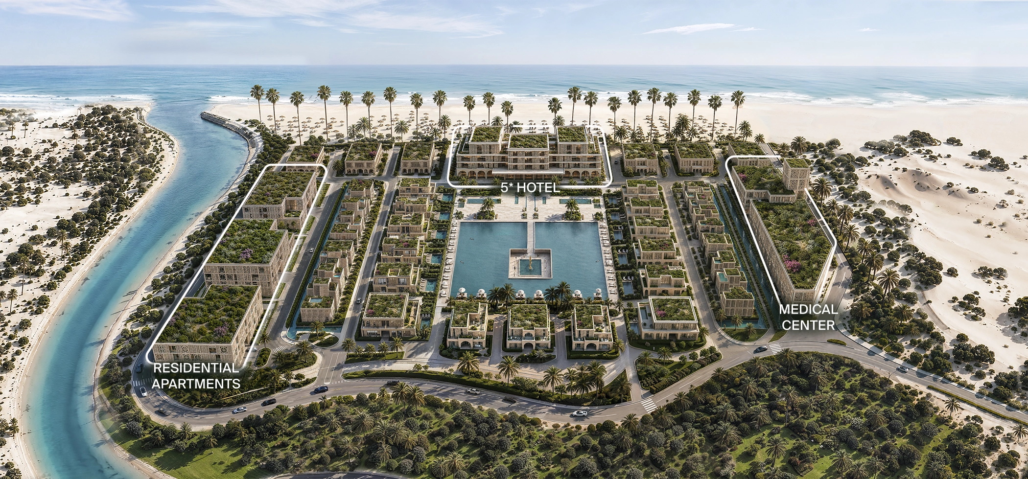 Aerial masterplan of Mira Ocean Estates showing the residential apartment buildings around the central swimming pool, the five-star hotel and the medical centre on the beachfront at Hawana Salalah